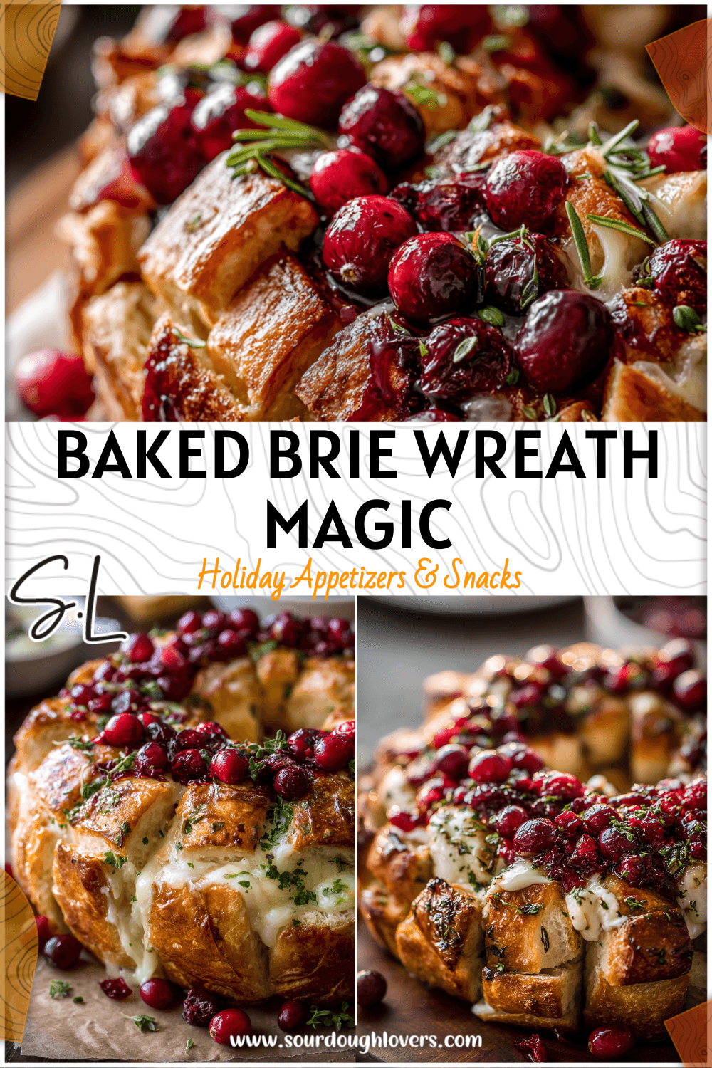Golden sourdough pull-apart Brie Cranberry Wreath topped with cranberries and herbs on a holiday table
